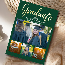 Invitación Con Relieve Metalizado Green and Gold Script photos collage for graduated