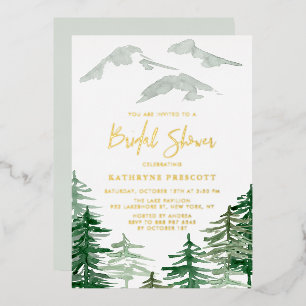 Invitación Con Relieve Metalizado Green Forest Watercolor Woodland Bridal Shower