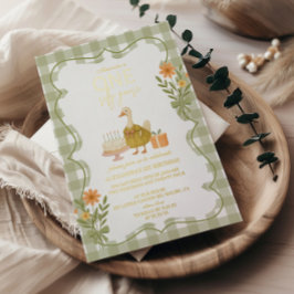 Invitación Con Relieve Metalizado Green Gingham Silly Goose 1er cumpleaños