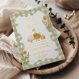 Invitación Con Relieve Metalizado Green Gingham Silly Goose 1er cumpleaños