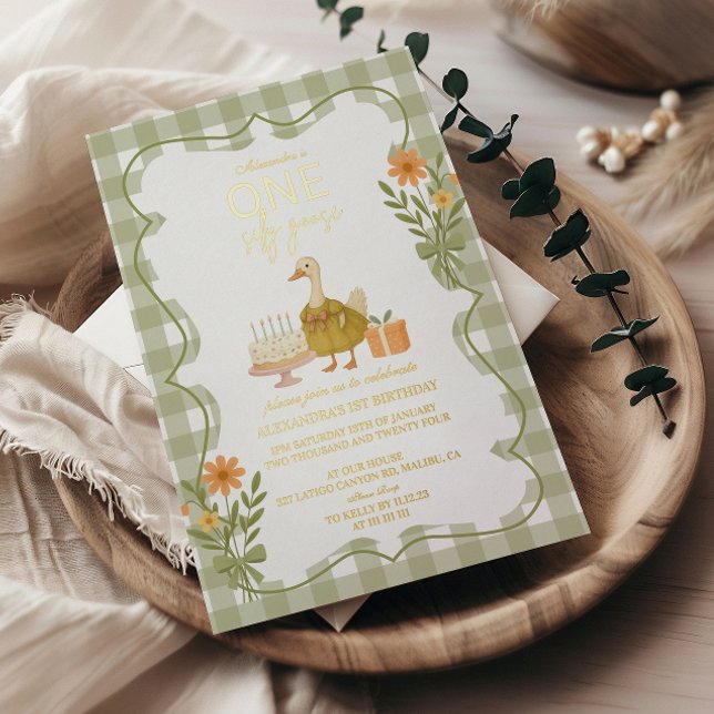 Invitación Con Relieve Metalizado Green Gingham Silly Goose 1er cumpleaños (Subido por el creador)