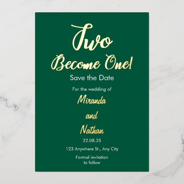Invitación Con Relieve Metalizado Green & Gold Two Become One Foil Wedding Invitatio (Anverso)