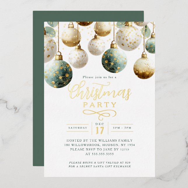 Invitación Con Relieve Metalizado Green Golden Baubles Christmas Party  (Anverso/Reverso)