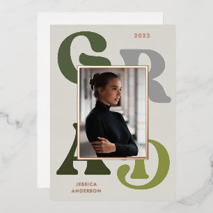 Invitación Con Relieve Metalizado Green Gray Retro Typography Photo 2023 Graduation