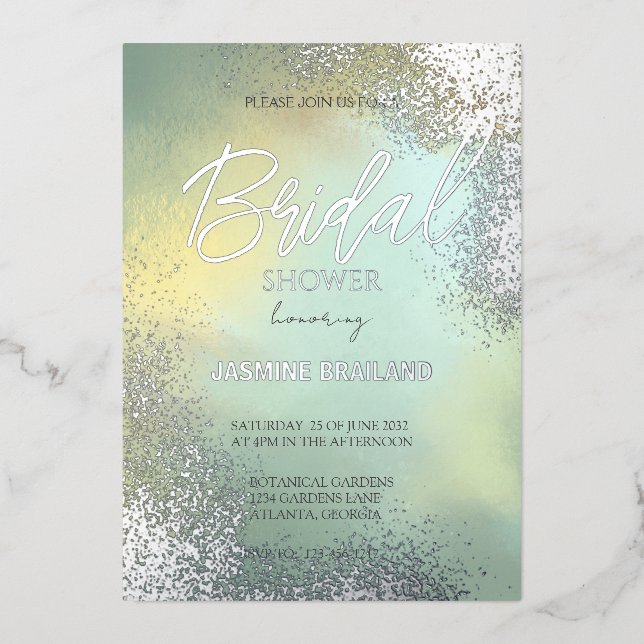 Invitación Con Relieve Metalizado Green Hombre Cosmic Wash Bridal Shower (Anverso)