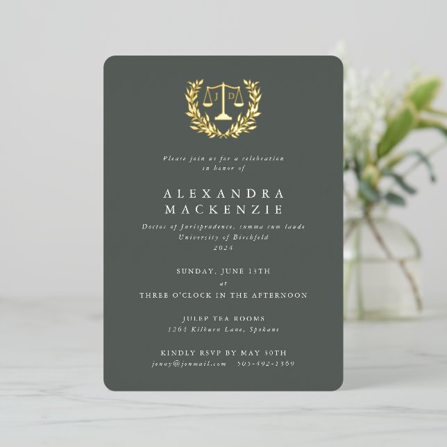 Invitación Con Relieve Metalizado Green JD Law Escales+Laurel Wreath Graduation Part (Anverso de pie)