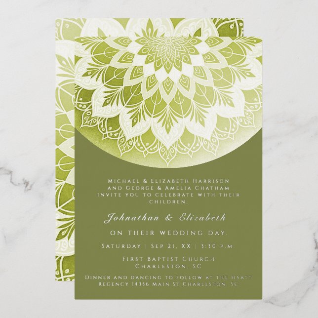 Invitación Con Relieve Metalizado Green Lace Mandala Wedding (Anverso/Reverso)