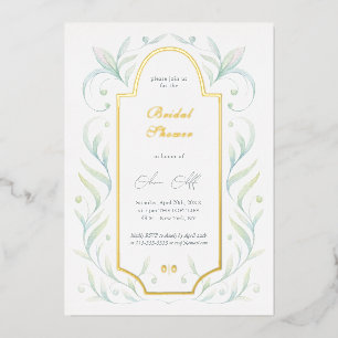 Invitación Con Relieve Metalizado Green Leaves Bridal Shower