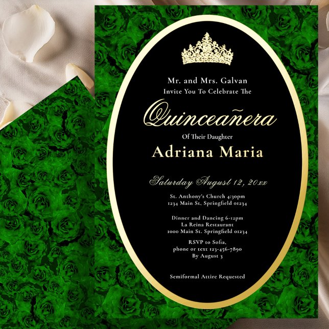 Invitación Con Relieve Metalizado Green Roses Elegant Gold Floral Quinceanera   (Subido por el creador)