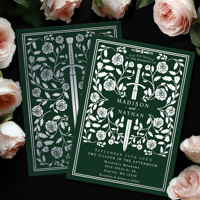 Invitación Con Relieve Metalizado Green Royal Medieval Silver Sword Wedding (Subido por el creador)