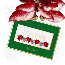 Invitación Con Relieve Metalizado Green With Red Poinsettias Foil Invitation