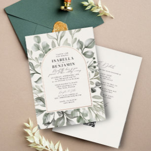 Invitación Con Relieve Metalizado Greenery Arch Ivory RSVP Código QR Boda Rosa Oro
