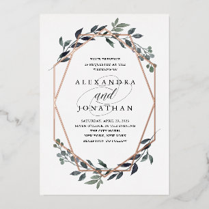 Invitación Con Relieve Metalizado Greenery Geo Blanco Boda Rosa Dorada