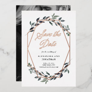 Invitación Con Relieve Metalizado Greenery Geo Blanco   Rose Gold Save The Date