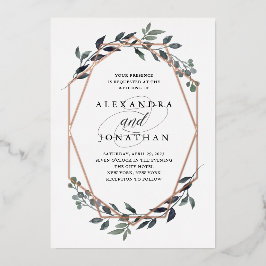 Invitación Con Relieve Metalizado Greenery Geo White | Rosa Boda de oro