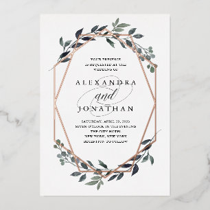 Invitación Con Relieve Metalizado Greenery Geo White   Rosa Boda de oro