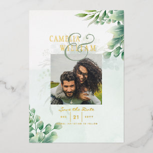 Invitación Con Relieve Metalizado Greenery Gold Foil CÓDIGO QR FOTO Ahorra la Fecha
