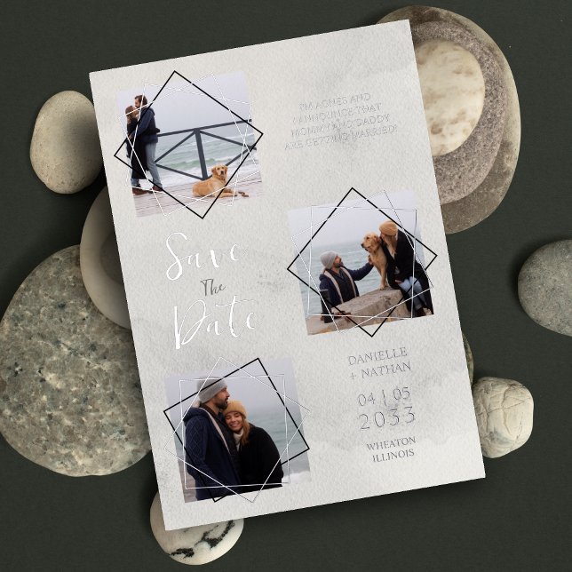 Invitación Con Relieve Metalizado  Grey 3 Multi Photos Collage Pet Dog Wedding idea (Grey 3 Multi Photos Collage Pet Dog Wedding idea Foil Invitation Card.)