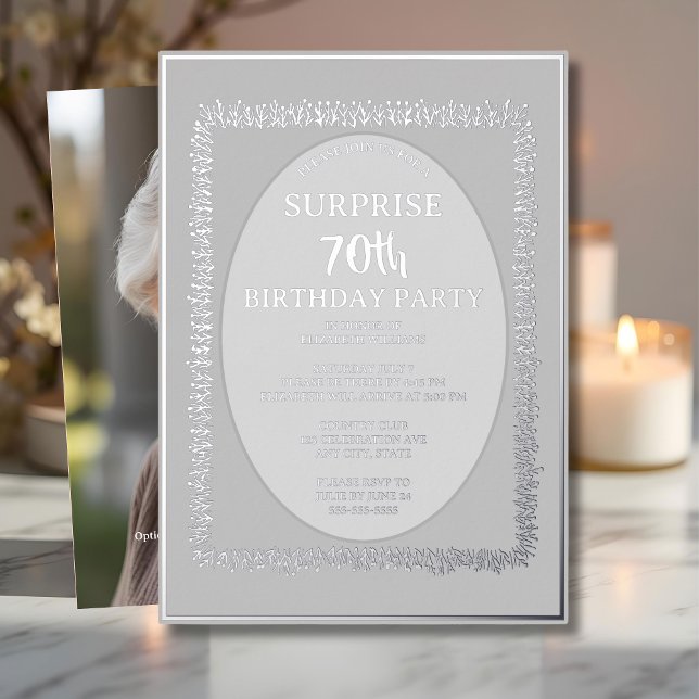 Invitación Con Relieve Metalizado Gris plateado 70.º cumpleaños sorpresa Personaliza (Subido por el creador)