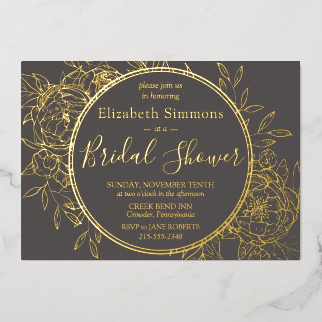 Invitación Con Relieve Metalizado Gris y oro Línea moderna Peony Toile Shower (Anverso)