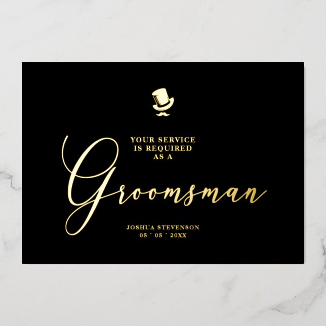 Invitación Con Relieve Metalizado Groomsman Funny Wedding Minimalist Proposal Golden (Anverso)