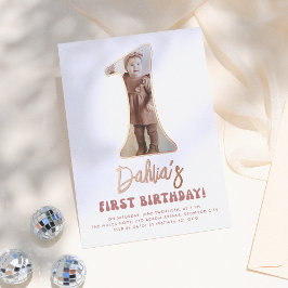 Invitación Con Relieve Metalizado Groovy brillante foto rosa retro primer cumpleaños