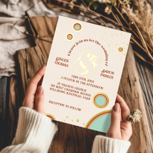 Invitación Con Relieve Metalizado Groovy Circles Peach Ampersand Retro Boda Gold