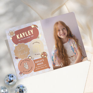 Invitación Con Relieve Metalizado Groovy Daisy Boho Fiesta Foto Chica Cumpleaños