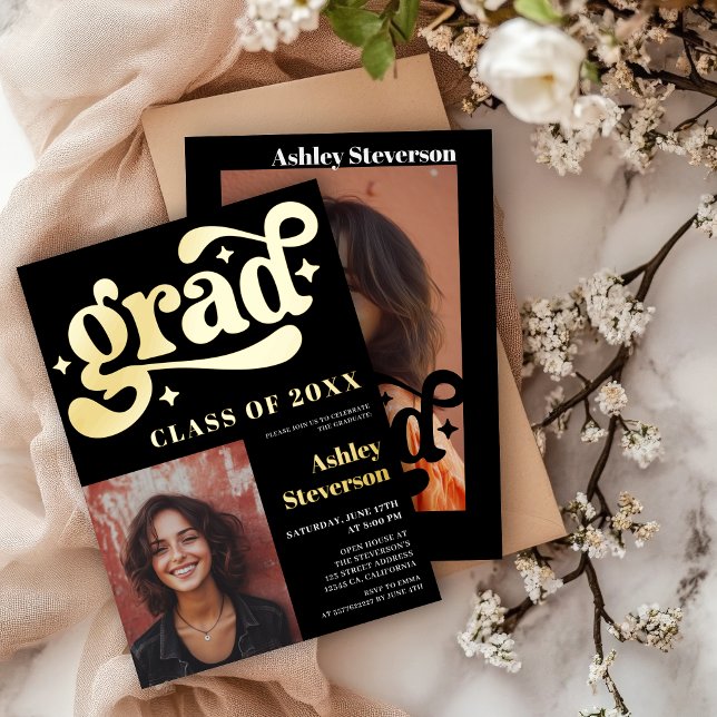Invitación Con Relieve Metalizado Groovy negro retro negrita 2 fotos fiesta de gradu (Bold Retro black Groovy 2 photos Graduation Party Foil Invitation)