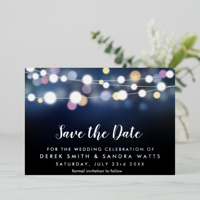 Invitación Con Relieve Metalizado Guarda la fecha luces brillantes (Anverso de pie)