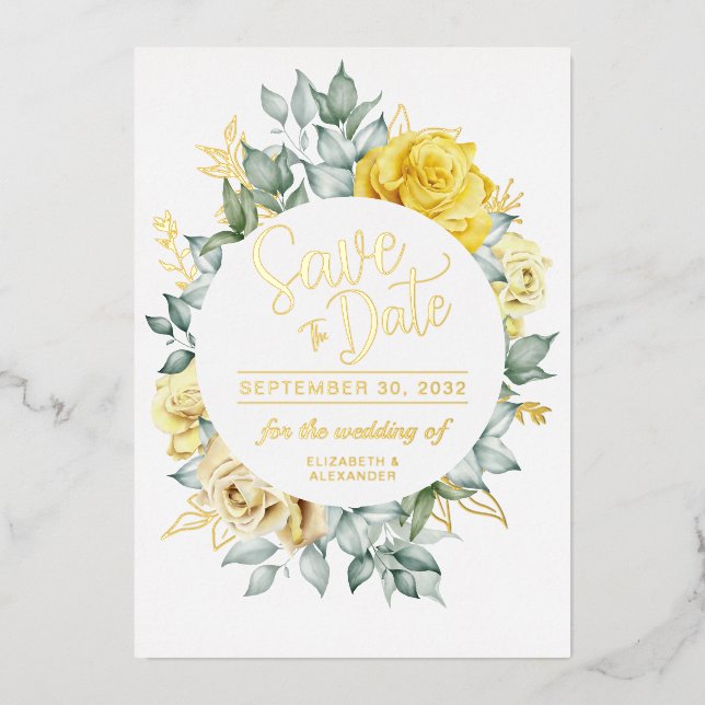 Invitación Con Relieve Metalizado Guardar fecha de boda botánica floral amarilla con (Anverso)