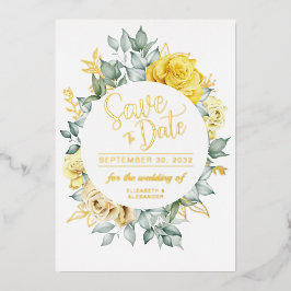 Invitación Con Relieve Metalizado Guardar fecha de boda botánica floral amarilla de 