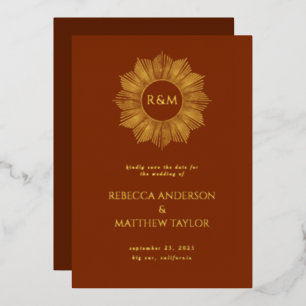 Invitación Con Relieve Metalizado Guardar Fecha Monograma Sol Celestial Boho Óxido