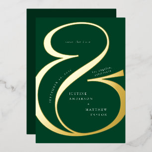 Invitación Con Relieve Metalizado Guardar fecha tipografía oro verde oscuro ampersan