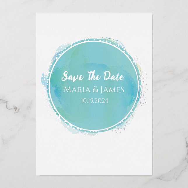 Invitación Con Relieve Metalizado Guardar la acuarela Verde azulada de Aqua con plat (Anverso)