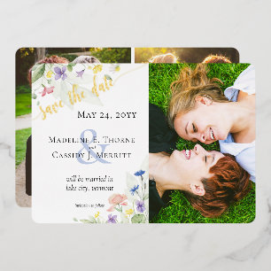 Invitación Con Relieve Metalizado Guardar la fecha Acuarela Floral de boda de flores