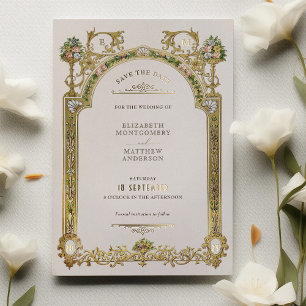 Invitación Con Relieve Metalizado Guardar la fecha Boda de elegancia real victoriana