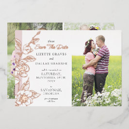 Invitación Con Relieve Metalizado Guardar la Fecha Boda Magnolia Blush 4-Photo