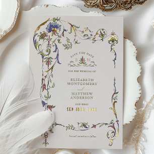 Invitación Con Relieve Metalizado Guardar la fecha Bodas Florales Victorianas Vintag