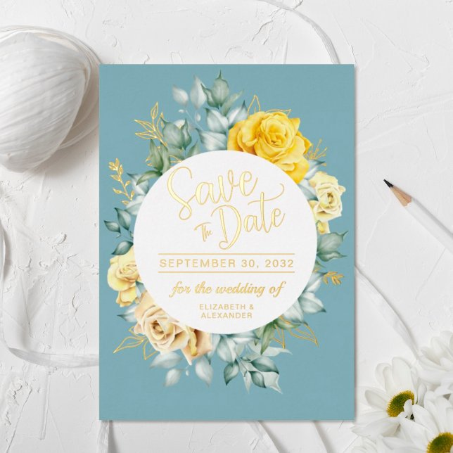 Invitación Con Relieve Metalizado Guardar la fecha de boda azul polvoriento floral a (Subido por el creador)