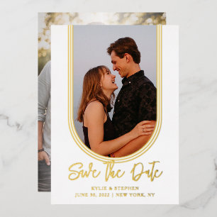 Invitación Con Relieve Metalizado Guardar la fecha de boda de dos fotos con arco inv