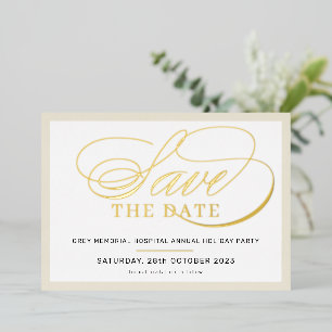 Invitación Con Relieve Metalizado GUARDAR LA FECHA elegante guión elegante oro de ma