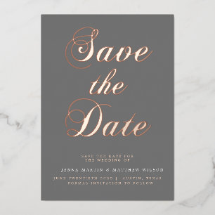 Invitación Con Relieve Metalizado Guardar la fecha en caligrafía de oro rosa