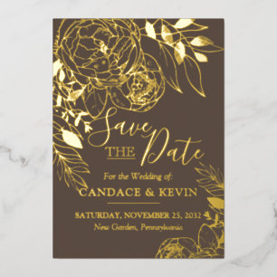 Invitación Con Relieve Metalizado Guardar la fecha floral moderno Taupe y dorado de