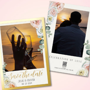 Invitación Con Relieve Metalizado Guardar la fecha Foto Rosas acuarela lujosas