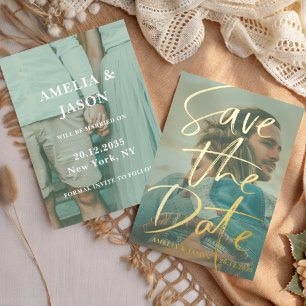 Invitación Con Relieve Metalizado Guardar la fecha Real Gold Caligrafía Foto