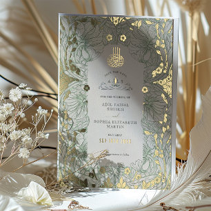 Invitación Con Relieve Metalizado Guardar la fecha Verde Sage Musulmán Islámico Morr