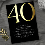 Invitación Con Relieve Metalizado Guay Black and Gold | Mujeres o hombres 40 años<br><div class="desc">Moderno estilo mínimo 40 invitaciones de cumpleaños con el título "40" texto en Relieve metalizado metálico real. Los detalles del evento están impresos en blanco mate. Negro con acentos dorados.</div>