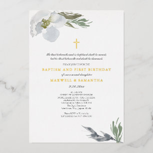 Invitación Con Relieve Metalizado Guay Gris Watercolor Florals Twins Baptism