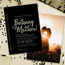 Invitación Con Relieve Metalizado Guión caligráfico minimalista boda oro negro